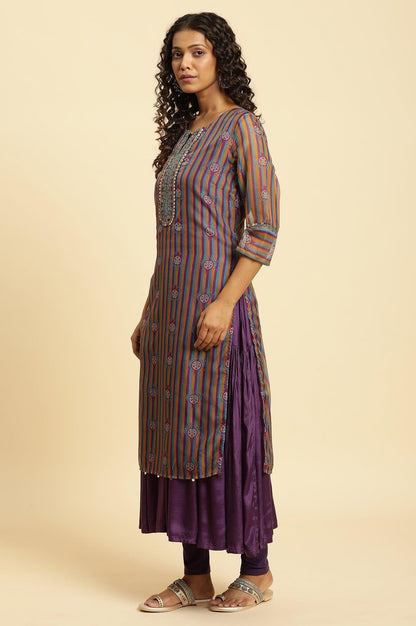 W for Woman Purple Layered Suzani Printed Kurta, Tights and Dupatta Set