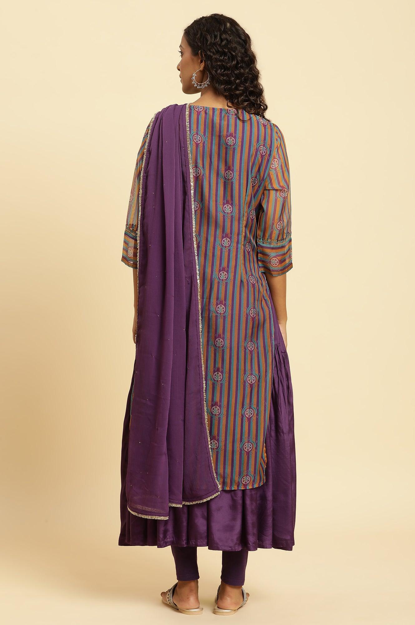 W for Woman Purple Layered Suzani Printed Kurta, Tights and Dupatta Set