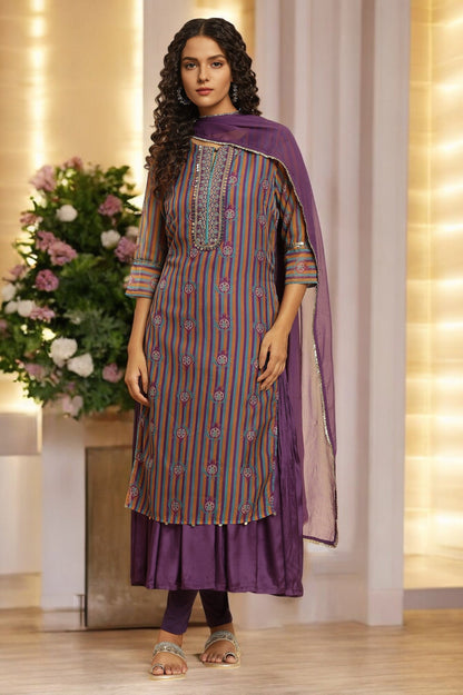 W for Woman Purple Layered Suzani Printed Kurta, Tights and Dupatta Set