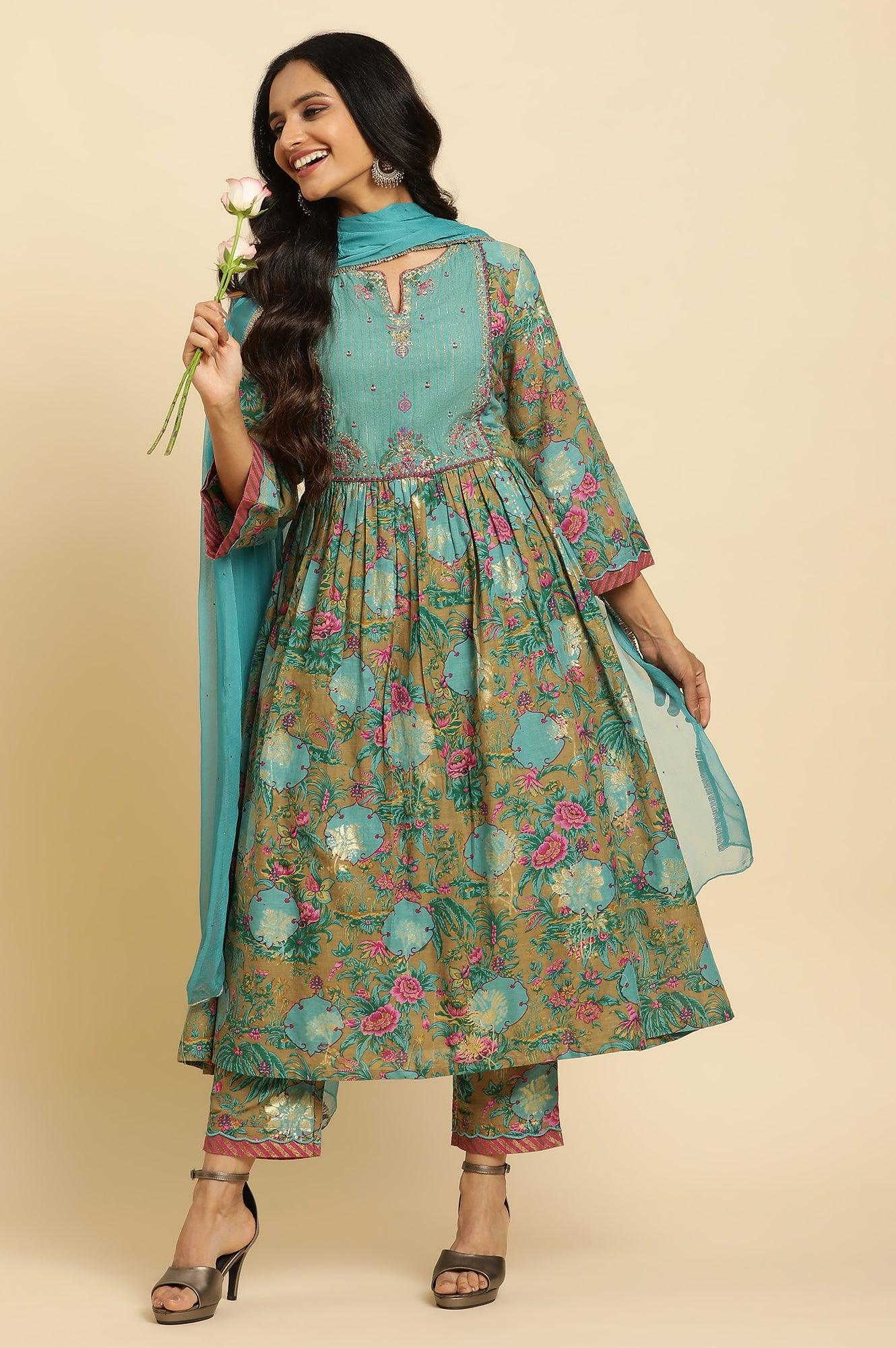 W for Woman Brown Floral Printed Kurta, Pant And Dupatta Set