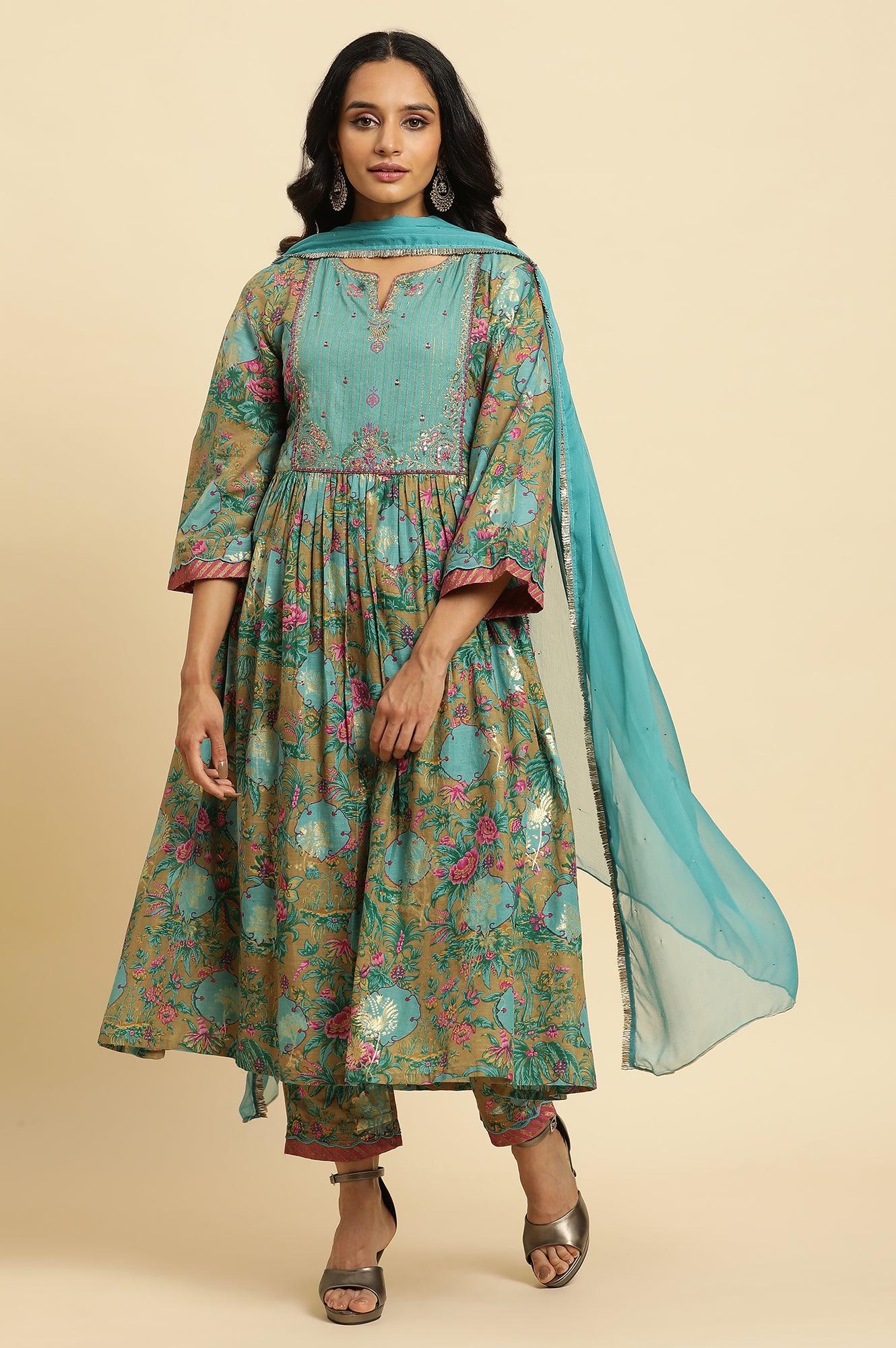 W for Woman Brown Floral Printed Kurta, Pant And Dupatta Set