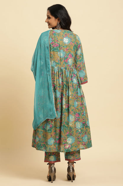 W for Woman Brown Floral Printed Kurta, Pant And Dupatta Set