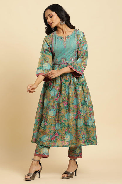 W for Woman Brown Floral Printed Kurta, Pant And Dupatta Set