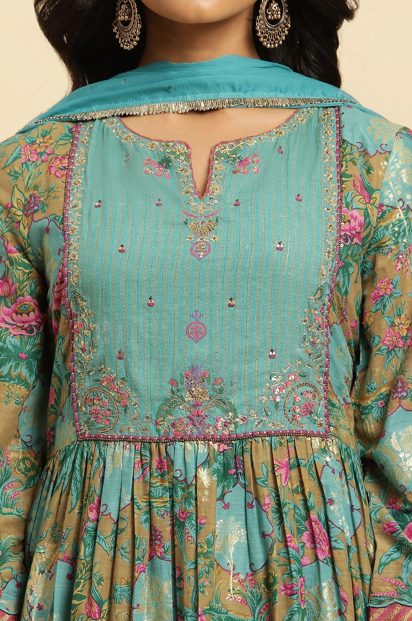 W for Woman Brown Floral Printed Kurta, Pant And Dupatta Set