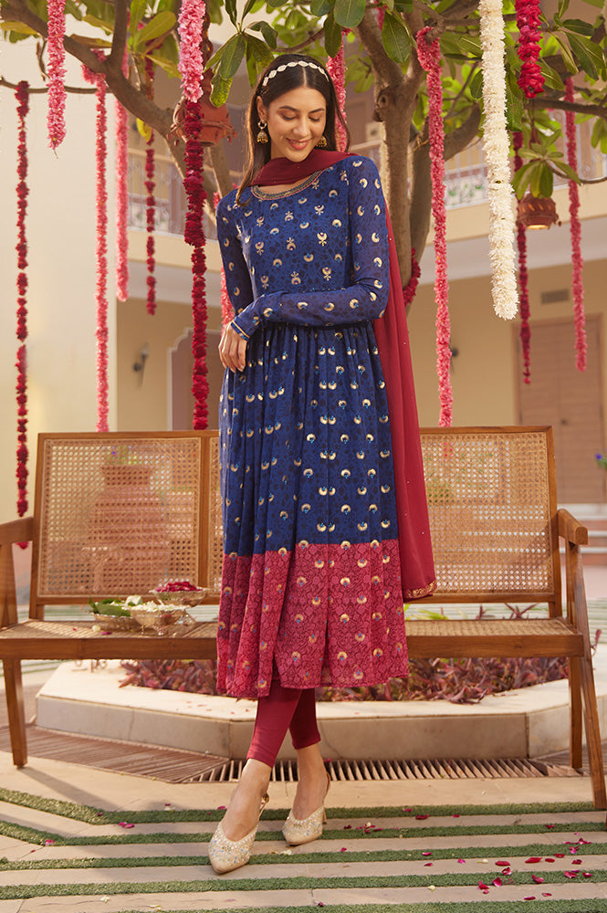 W for Woman Blue Gathered Embroidered Kurta, Tights And Dupatta Festive Set