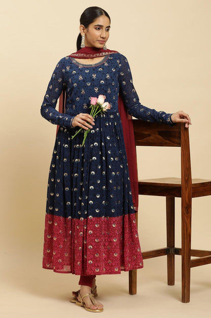 W for Woman Blue Gathered Embroidered Kurta, Tights And Dupatta Festive Set