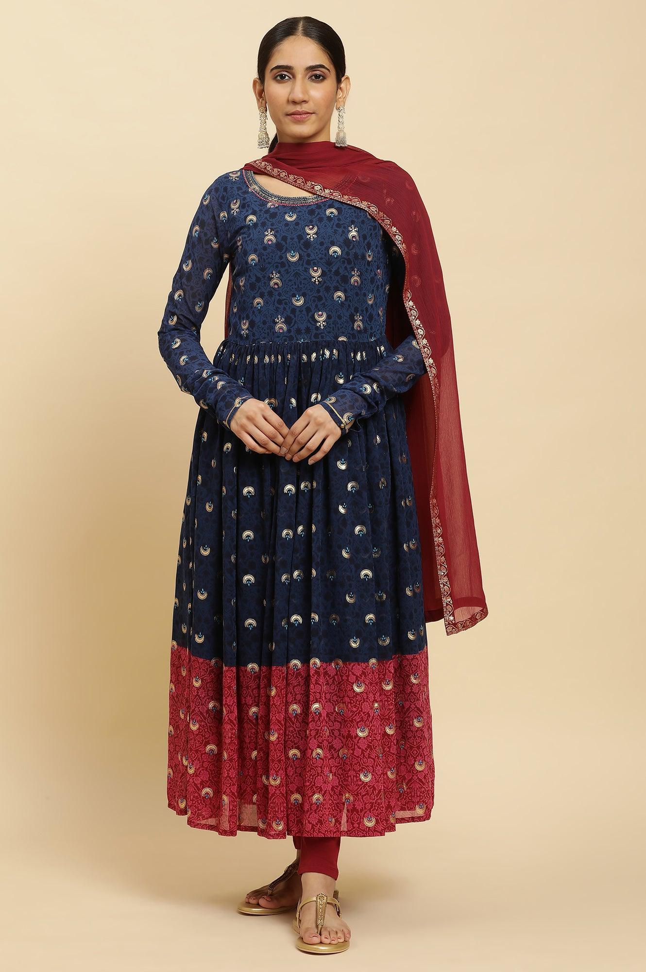 W for Woman Blue Gathered Embroidered Kurta, Tights And Dupatta Festive Set