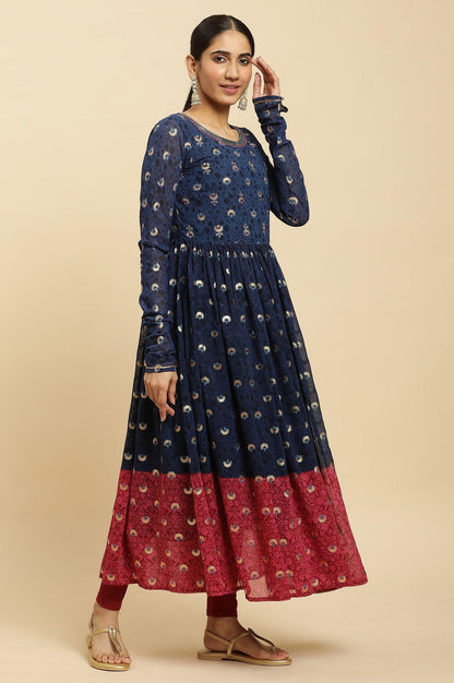 W for Woman Blue Gathered Embroidered Kurta, Tights And Dupatta Festive Set