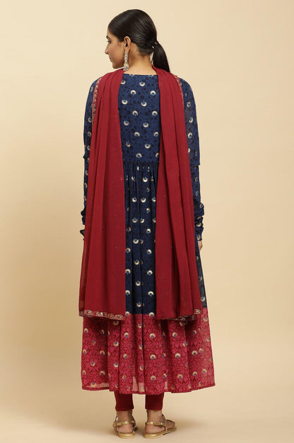 W for Woman Blue Gathered Embroidered Kurta, Tights And Dupatta Festive Set