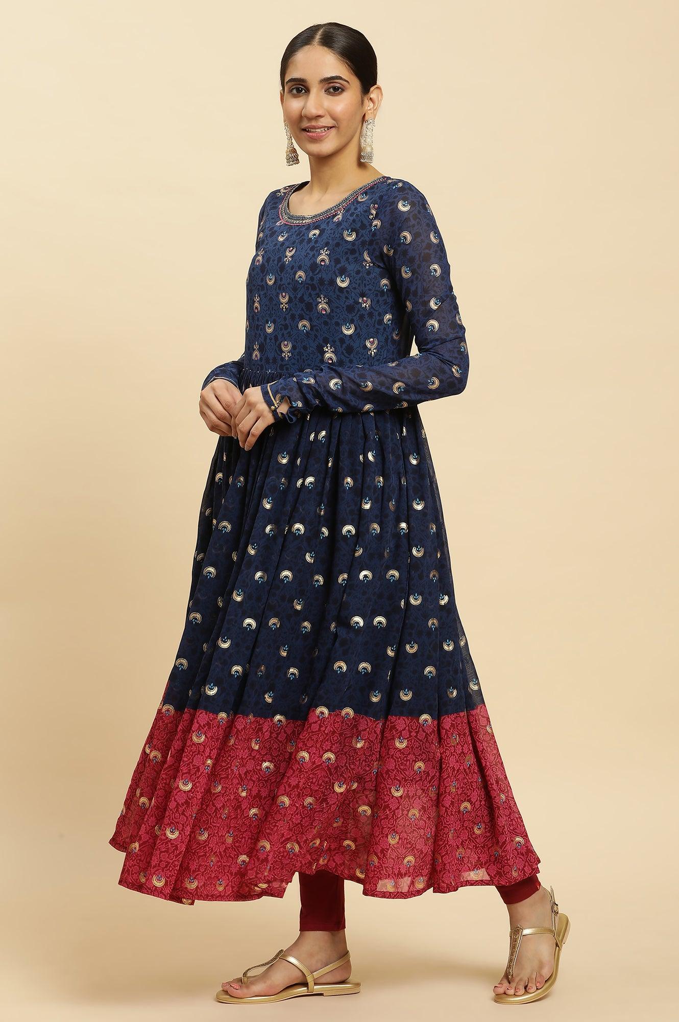 W for Woman Blue Gathered Embroidered Kurta, Tights And Dupatta Festive Set