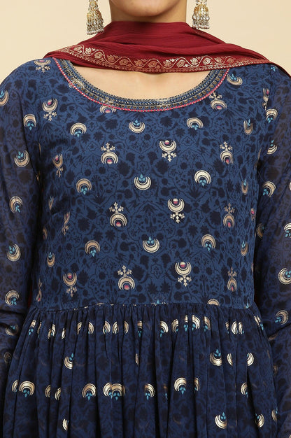 W for Woman Blue Gathered Embroidered Kurta, Tights And Dupatta Festive Set