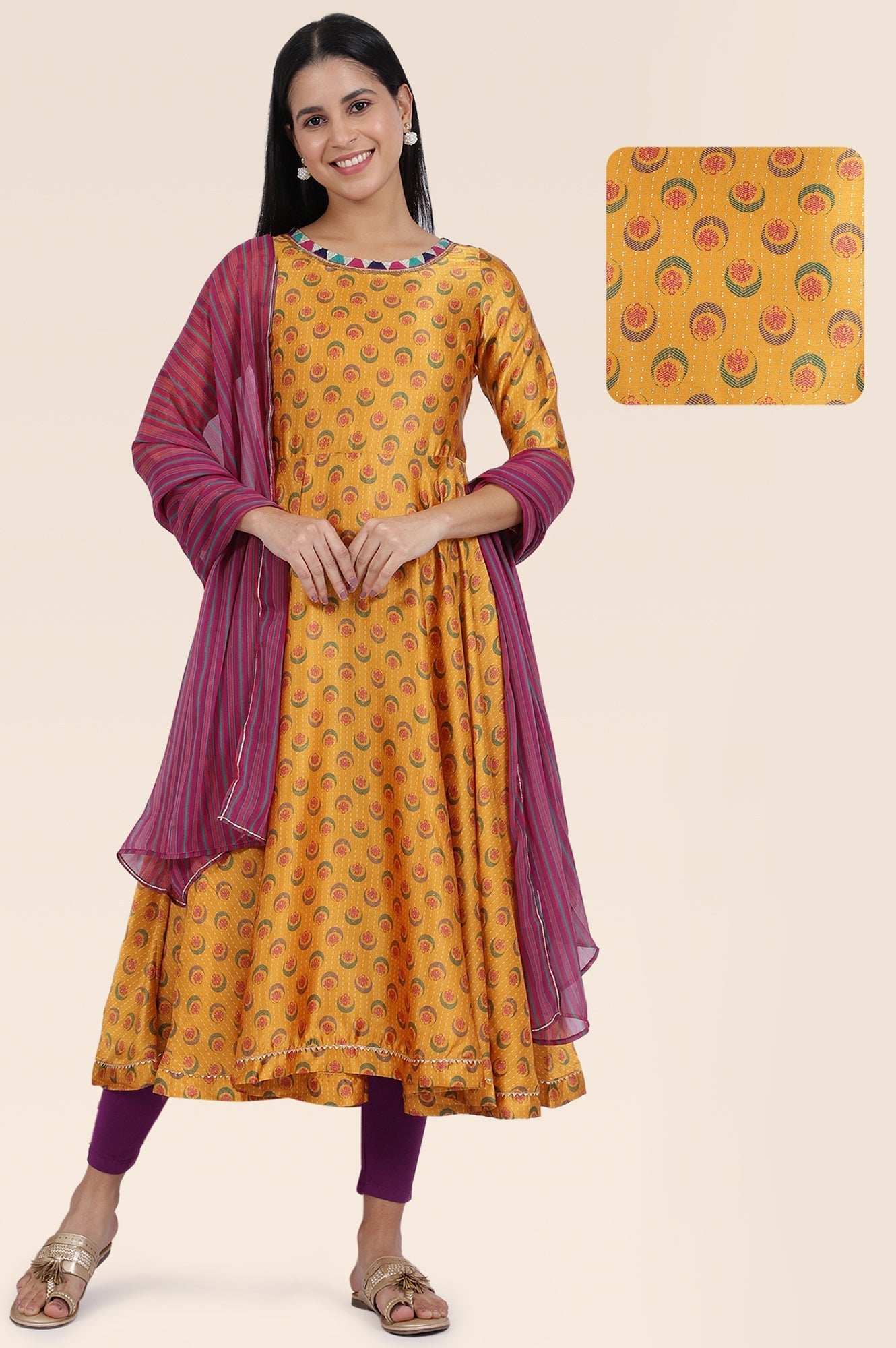 W for Woman Yellow Floral Printed Satin Festive Anarkali Kurta and Leggings Set with Dupatta