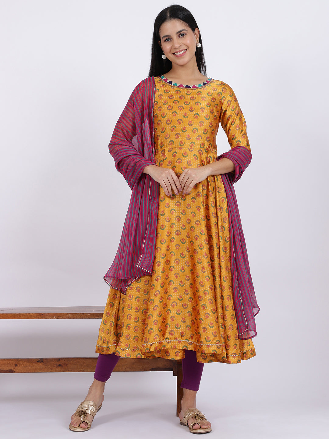 W for Woman Yellow Floral Printed Satin Festive Anarkali Kurta and Leggings Set with Dupatta