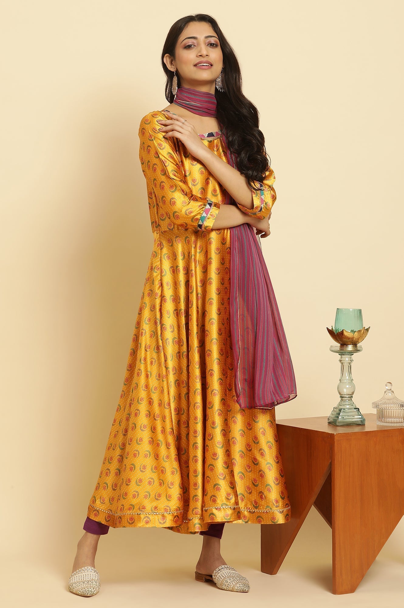 W for Woman Mustard Yellow Flared Kurta, Tights And Dupatta Set