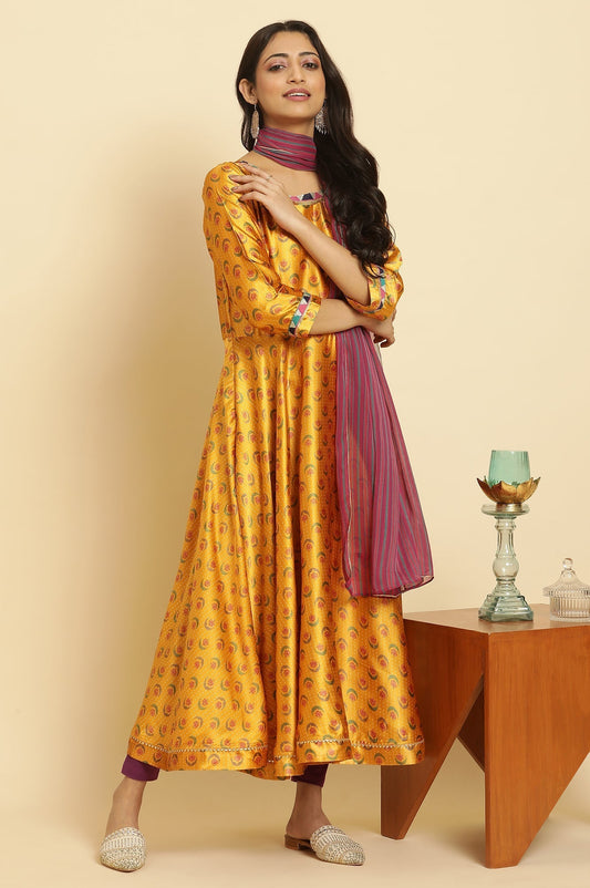 W for Woman Mustard Yellow Flared Kurta, Tights And Dupatta Set