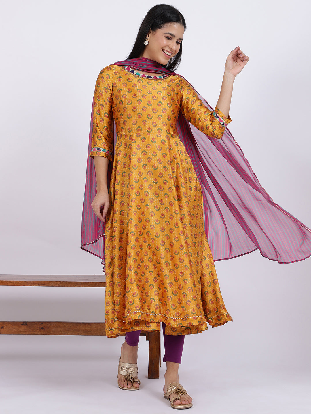 W for Woman Yellow Floral Printed Satin Festive Anarkali Kurta and Leggings Set with Dupatta