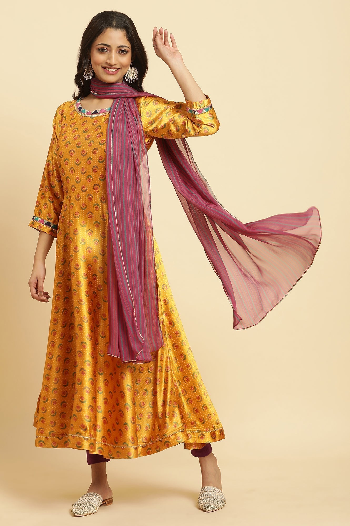 W for Woman Mustard Yellow Flared Kurta, Tights And Dupatta Set
