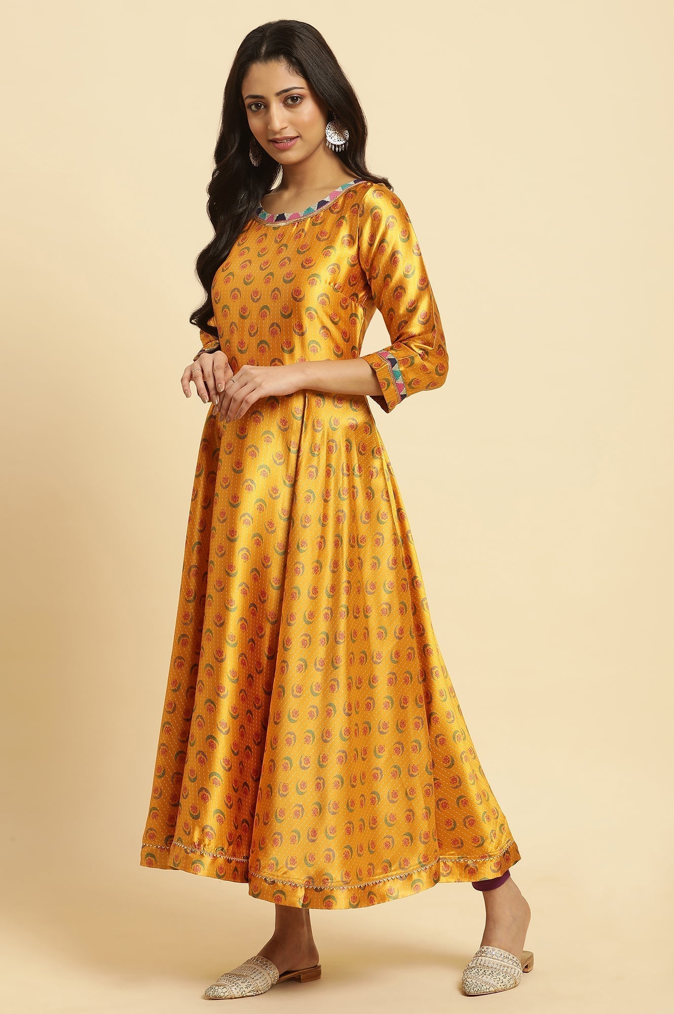 W for Woman Mustard Yellow Flared Kurta, Tights And Dupatta Set