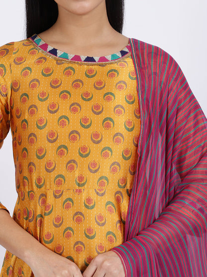 W for Woman Yellow Floral Printed Satin Festive Anarkali Kurta and Leggings Set with Dupatta