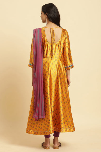 W for Woman Mustard Yellow Flared Kurta, Tights And Dupatta Set