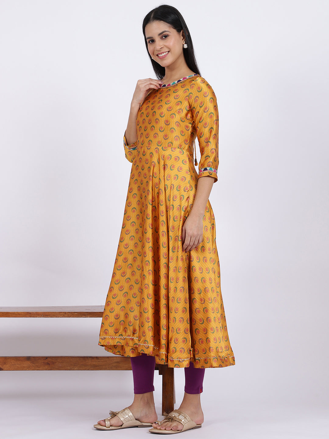 W for Woman Yellow Floral Printed Satin Festive Anarkali Kurta and Leggings Set with Dupatta