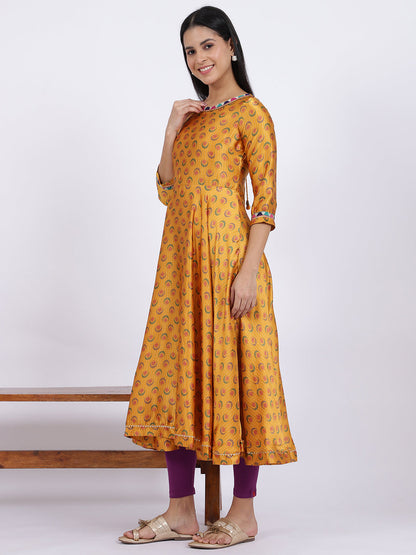 W for Woman Yellow Floral Printed Satin Festive Anarkali Kurta and Leggings Set with Dupatta