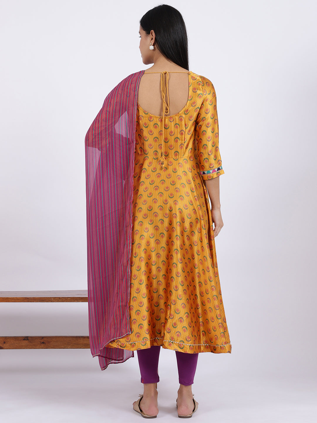 W for Woman Yellow Floral Printed Satin Festive Anarkali Kurta and Leggings Set with Dupatta