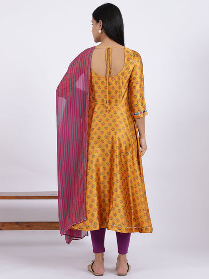 W for Woman Yellow Floral Printed Satin Festive Anarkali Kurta and Leggings Set with Dupatta
