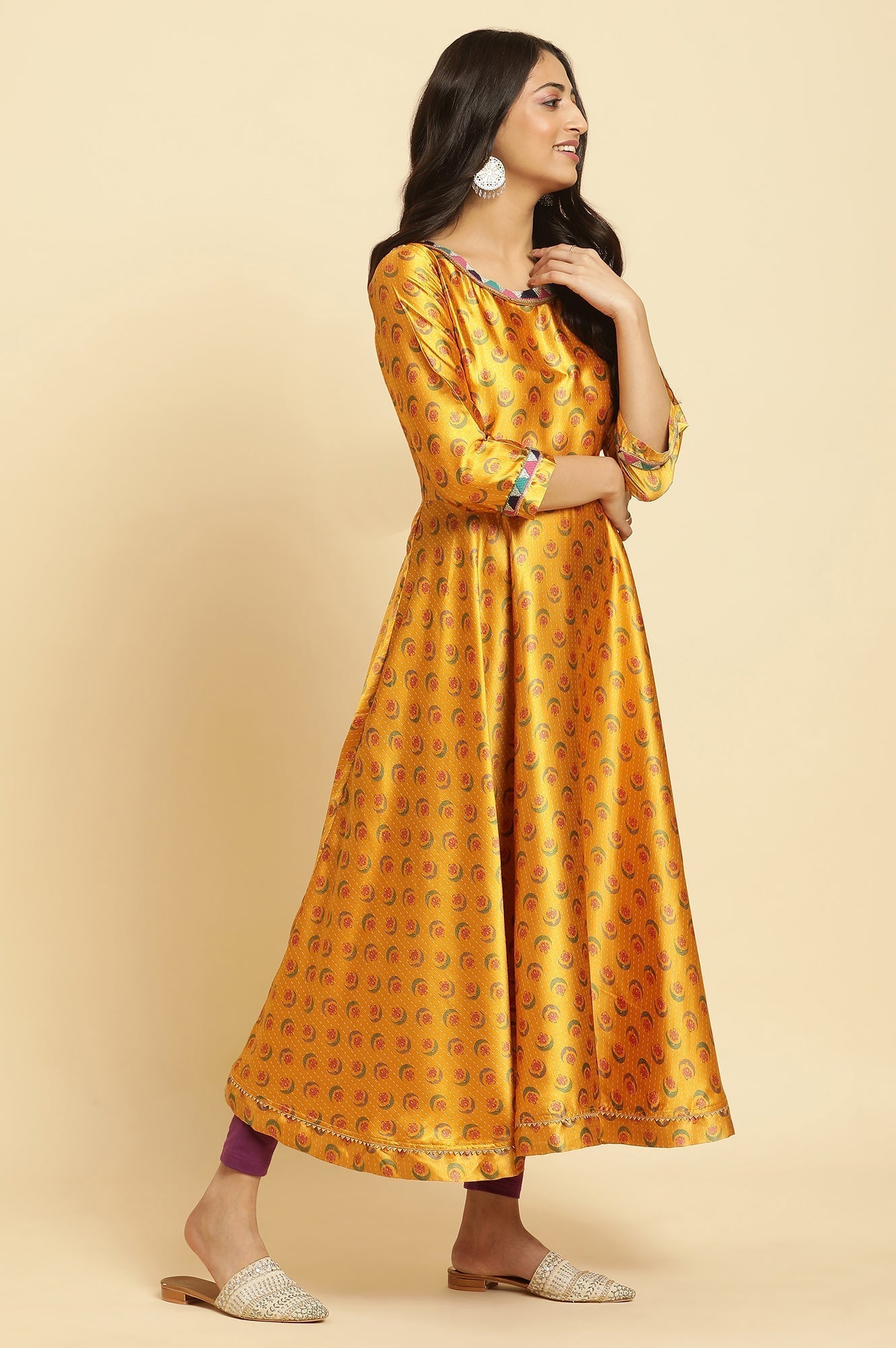 W for Woman Mustard Yellow Flared Kurta, Tights And Dupatta Set