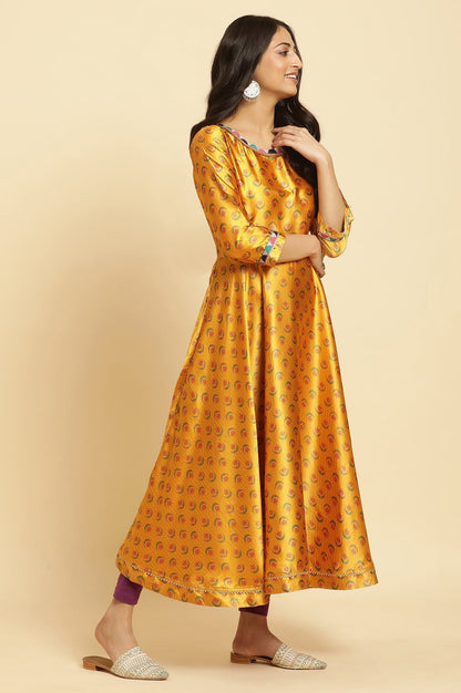 W for Woman Mustard Yellow Flared Kurta, Tights And Dupatta Set