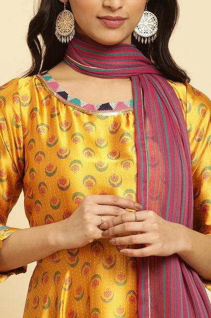W for Woman Mustard Yellow Flared Kurta, Tights And Dupatta Set