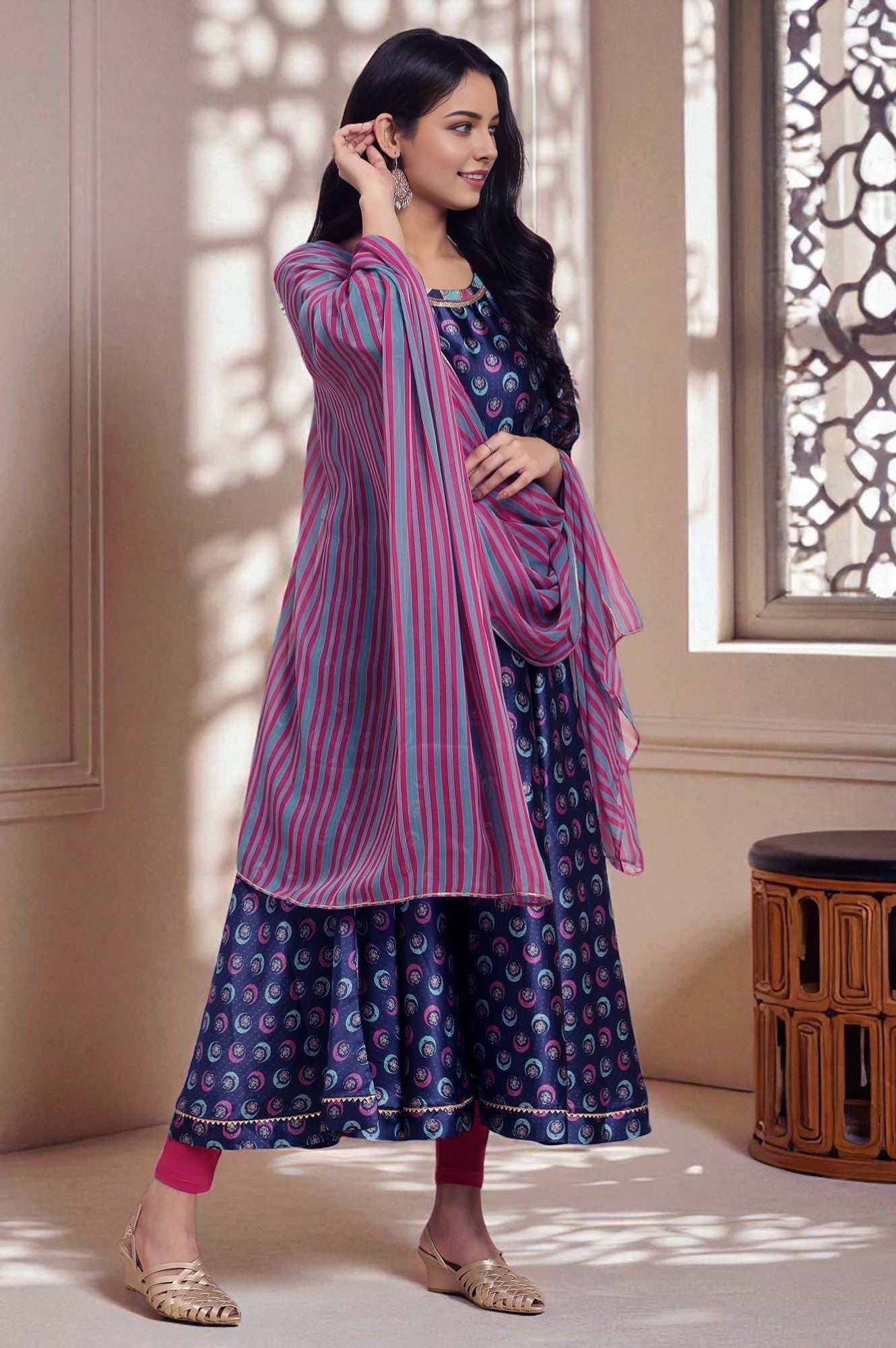 W for Woman Navy Blue Floral Printed Satin Anarkali Kurta and Leggings Set with Dupatta