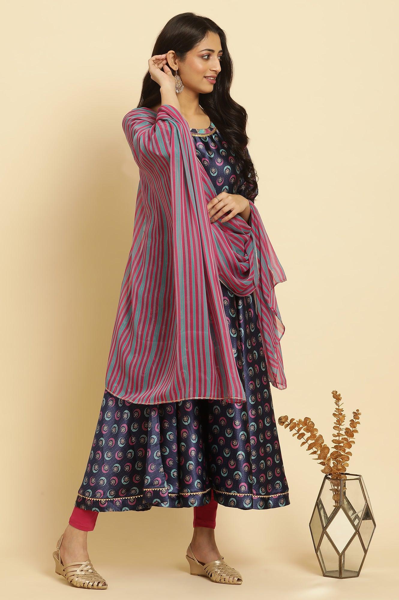 W for Woman Navy Blue Floral Printed Satin Anarkali Kurta and Leggings Set with Dupatta