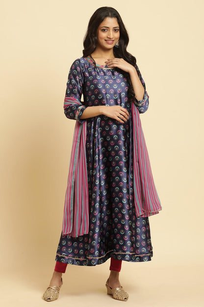 W for Woman Navy Blue Floral Printed Satin Anarkali Kurta and Leggings Set with Dupatta