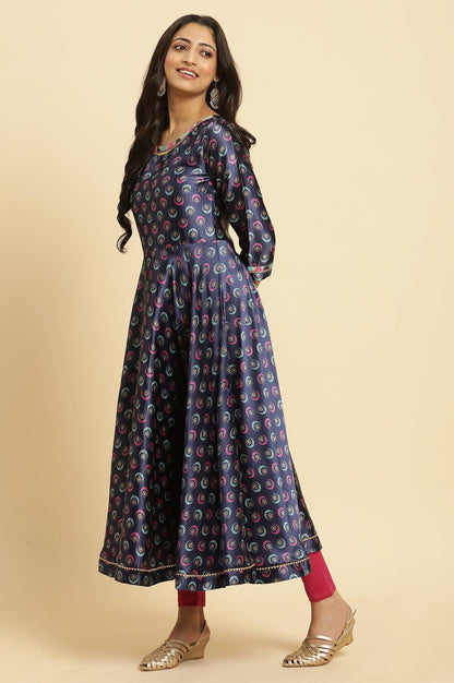W for Woman Navy Blue Floral Printed Satin Anarkali Kurta and Leggings Set with Dupatta