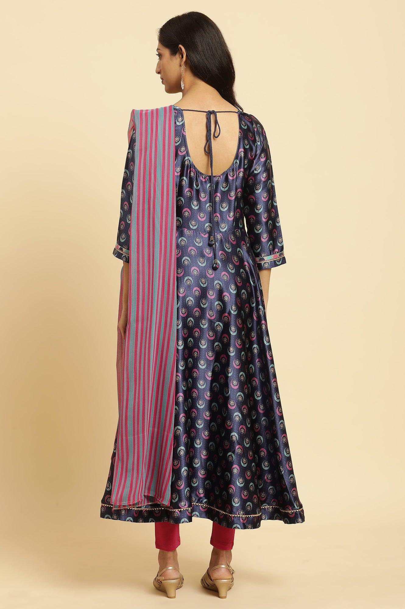 W for Woman Navy Blue Floral Printed Satin Anarkali Kurta and Leggings Set with Dupatta