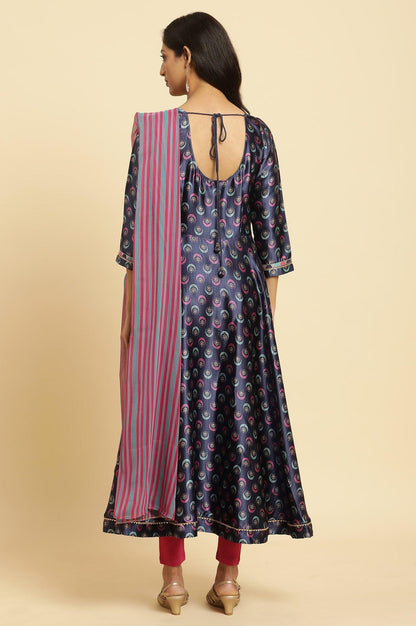 W for Woman Navy Blue Floral Printed Satin Anarkali Kurta and Leggings Set with Dupatta