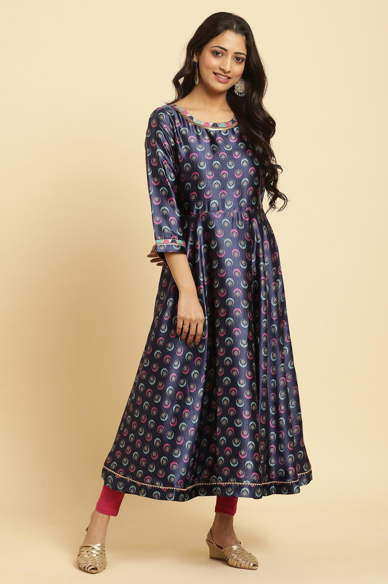W for Woman Navy Blue Floral Printed Satin Anarkali Kurta and Leggings Set with Dupatta
