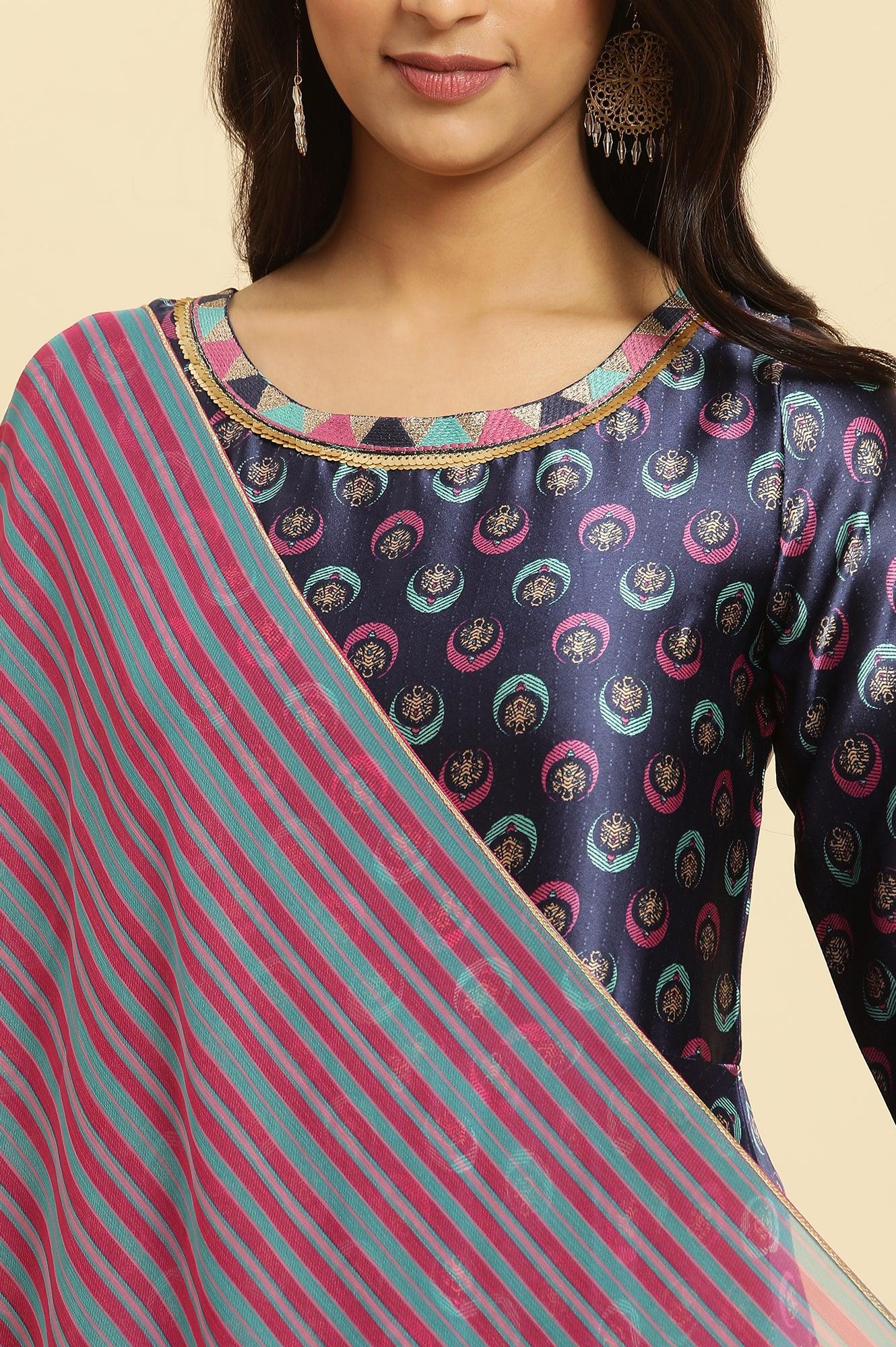 W for Woman Navy Blue Floral Printed Satin Anarkali Kurta and Leggings Set with Dupatta