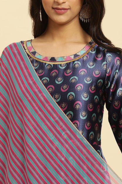W for Woman Navy Blue Floral Printed Satin Anarkali Kurta and Leggings Set with Dupatta