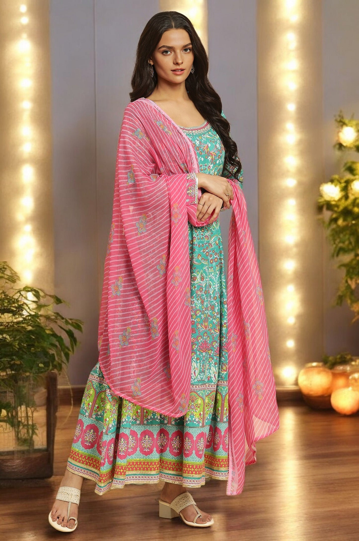 W for Woman Teal Green Anarkali Printed Kurta, Tights And Dupatta Set
