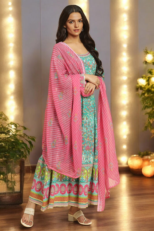 W for Woman Teal Green Anarkali Printed Kurta, Tights And Dupatta Set