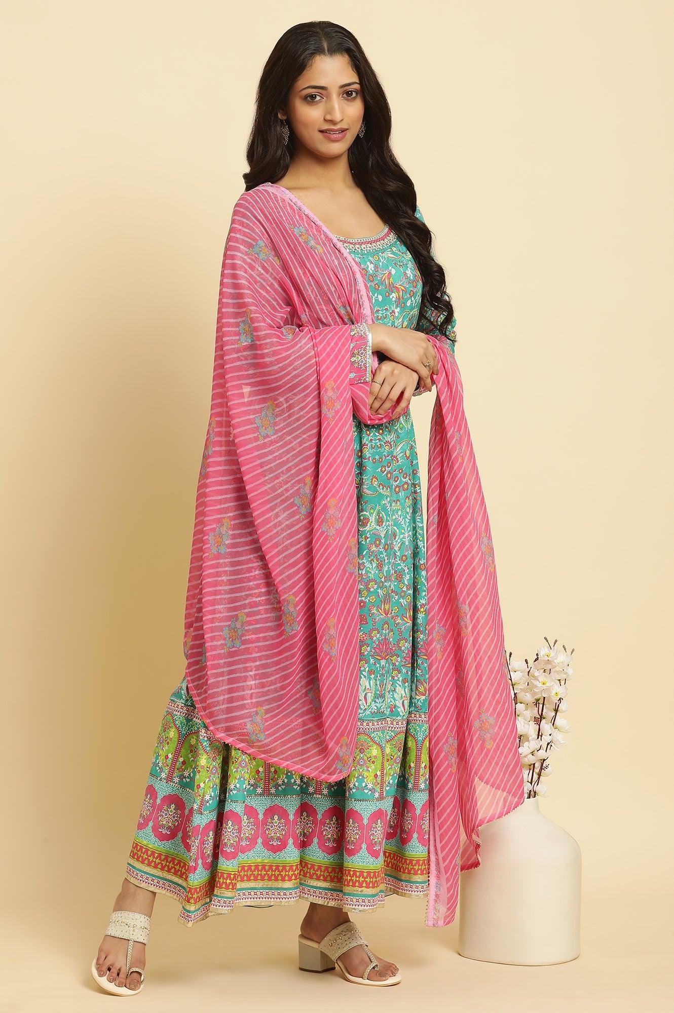 W for Woman Teal Green Anarkali Printed Kurta, Tights And Dupatta Set