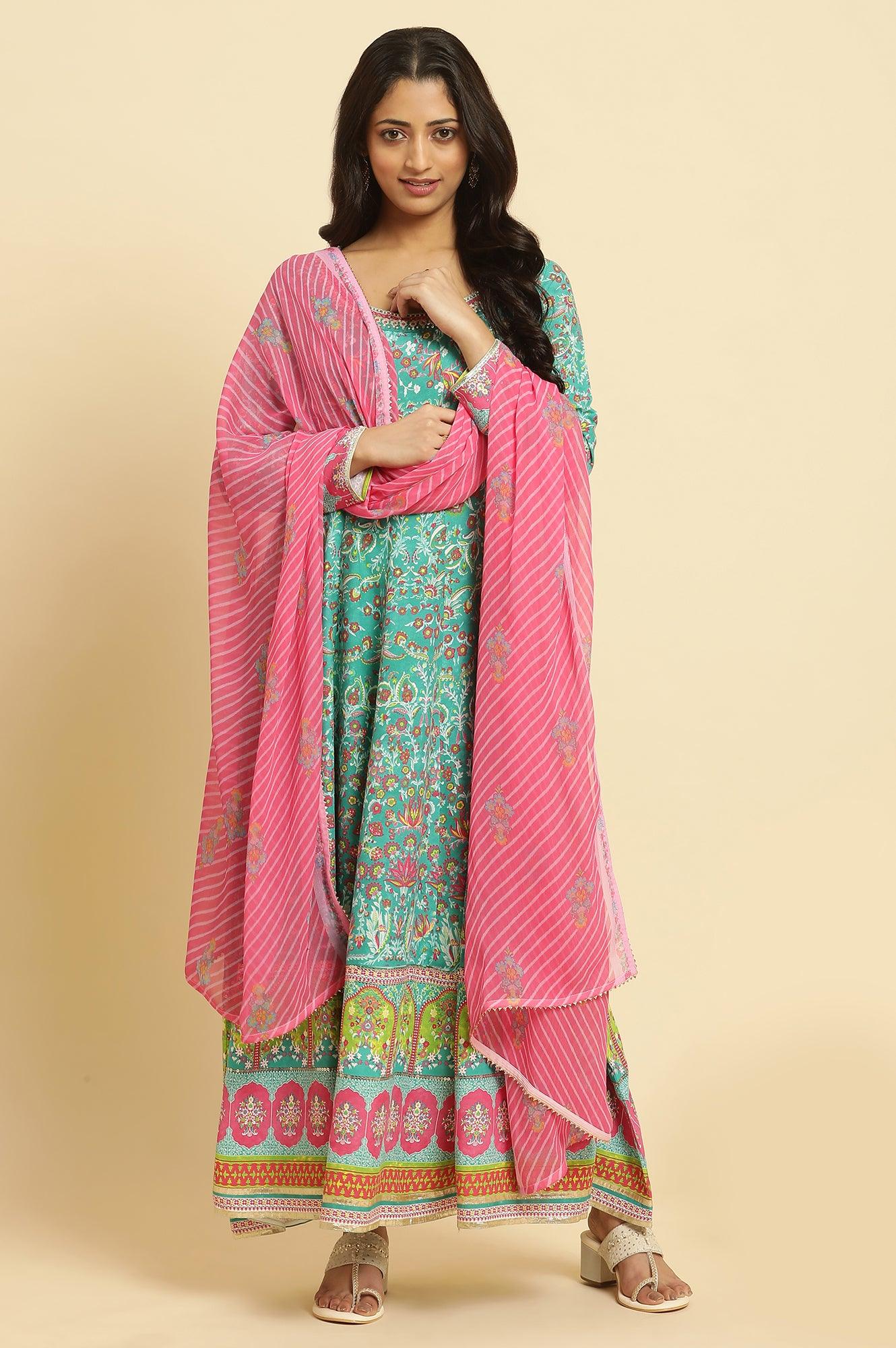W for Woman Teal Green Anarkali Printed Kurta, Tights And Dupatta Set