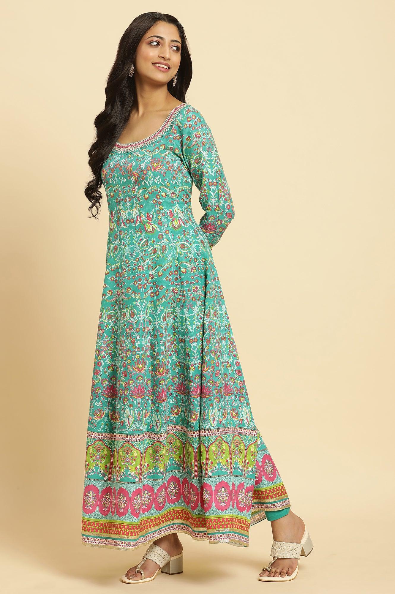 W for Woman Teal Green Anarkali Printed Kurta, Tights And Dupatta Set