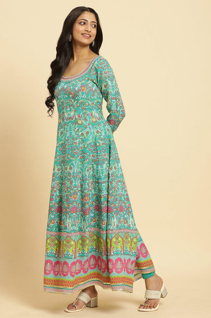 W for Woman Teal Green Anarkali Printed Kurta, Tights And Dupatta Set