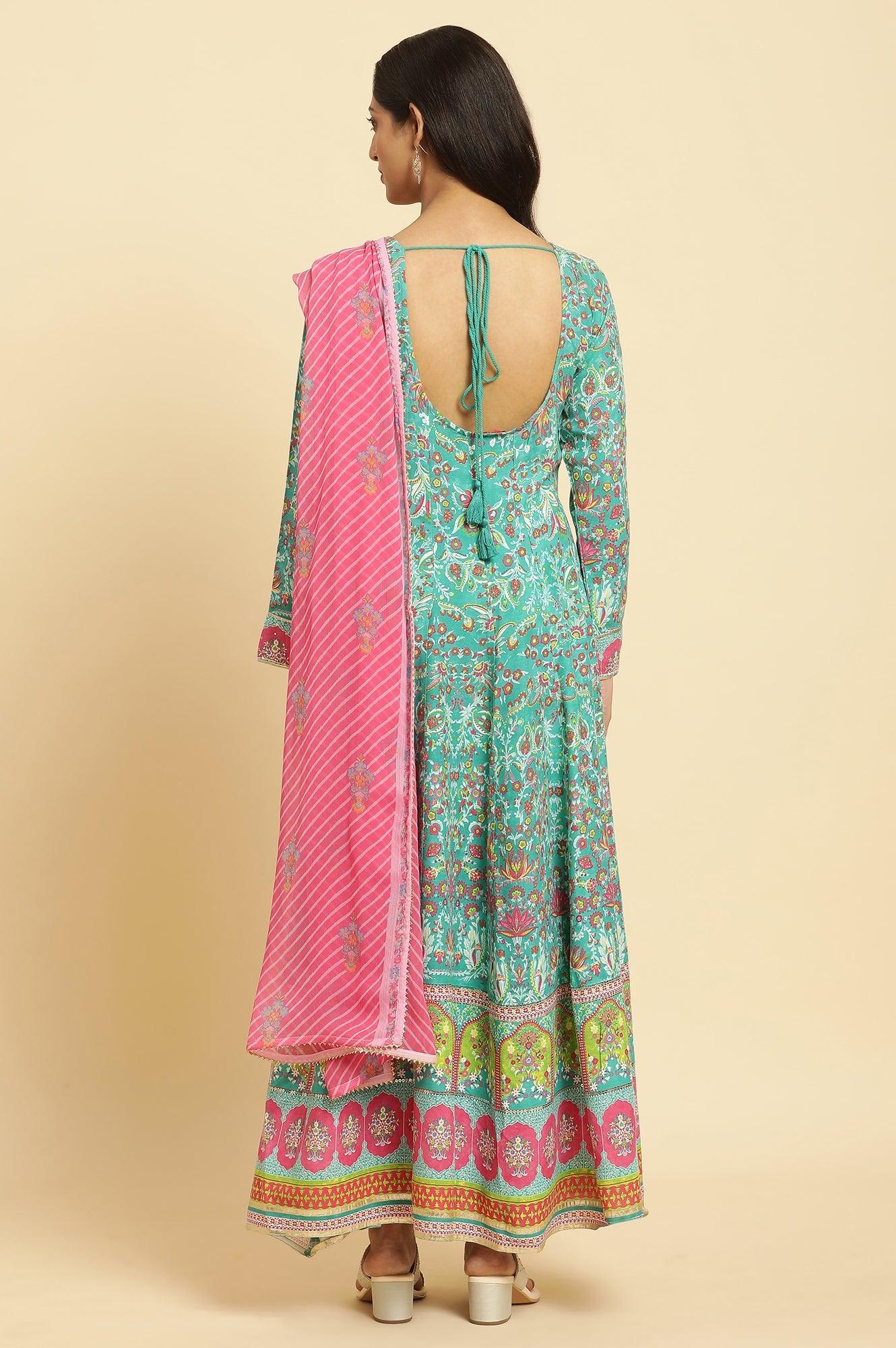 W for Woman Teal Green Anarkali Printed Kurta, Tights And Dupatta Set