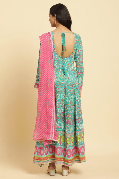 W for Woman Teal Green Anarkali Printed Kurta, Tights And Dupatta Set