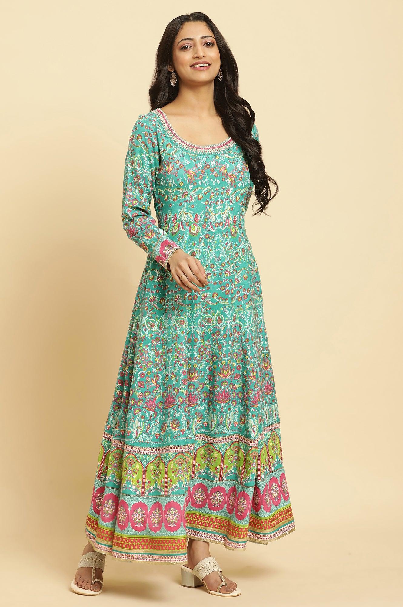 W for Woman Teal Green Anarkali Printed Kurta, Tights And Dupatta Set
