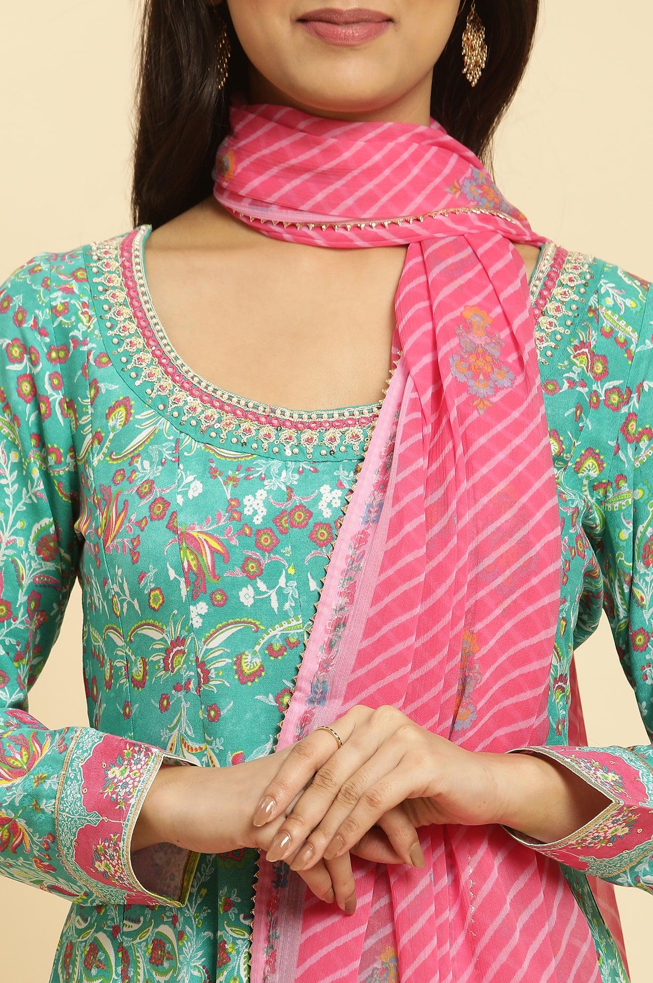 W for Woman Teal Green Anarkali Printed Kurta, Tights And Dupatta Set